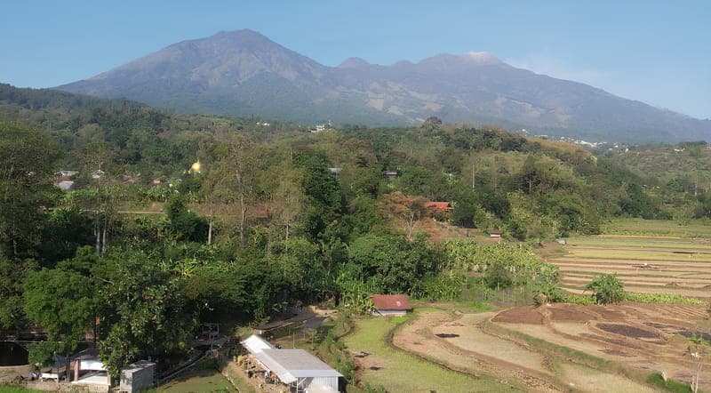 Panorama Desa Sukolelo dengan latar belakang pegunungan Prigen