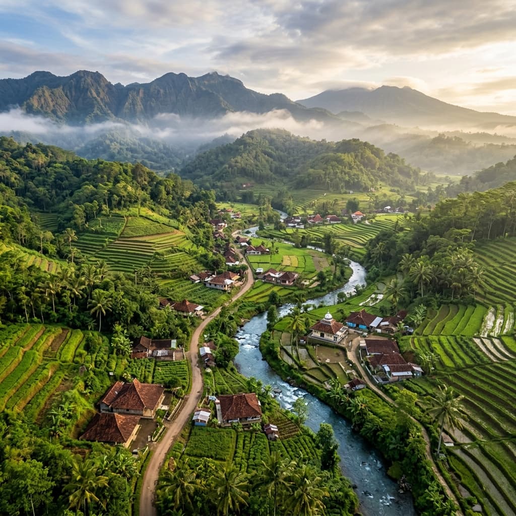 Panorama Desa Sukolelo di lereng pegunungan Prigen